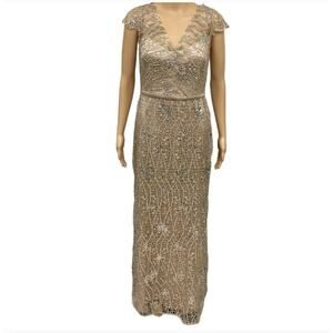 NWT KAY UNGER $650 Bronze Gold Sequined Metallic Lace Long Formal Dress Size 10